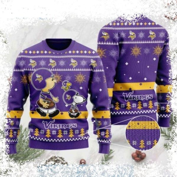 Show your Viking spirit this Christmas with this festive Charlie Brown and Snoopy design! This comfy sweater is perfect for holiday gatherings. Shop now and spread the cheer! - Image 1 - rugbyfanstore.com