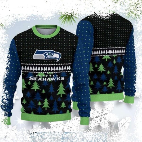 Show your Seahawks pride in this festive, ugly Christmas sweater featuring a snowy pine forest scene. Perfect for game day or holiday gatherings! Shop now and get ready for the holidays! - Image 1 - rugbyfanstore.com