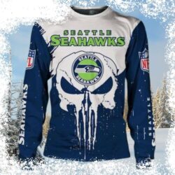 Show your Seahawks pride this Christmas with this uniquely designed skull graphic sweater! Perfect for game day or cozy nights in. Shop now and get yours before they're gone! - Image 1 - rugbyfanstore.com