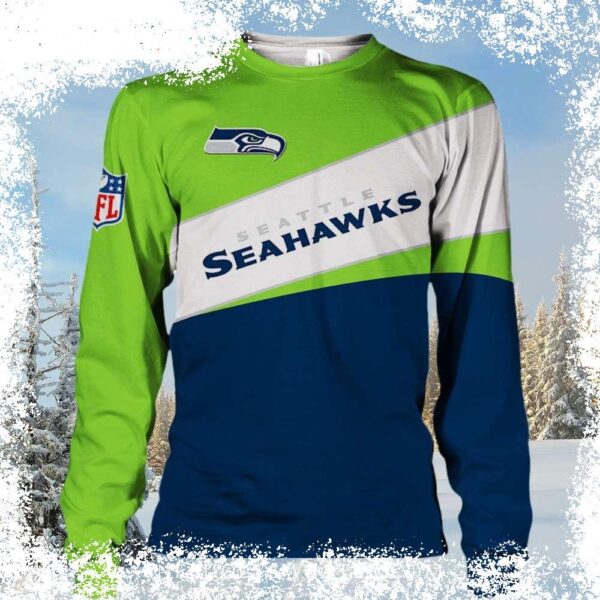 Stand out this holiday season with a unique Seattle Seahawks Ugly Christmas Sweater! Featuring a fresh, new design, this sweater is sure to turn heads. Shop now and show your team pride! - Image 1 - rugbyfanstore.com