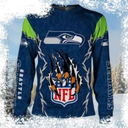 Show your Seahawks pride this holiday season with this unique ugly Christmas sweater! Featuring a festive design and the official NFL logo, it's the perfect way to stand out at your next holiday party - Image 1 - rugbyfanstore.com