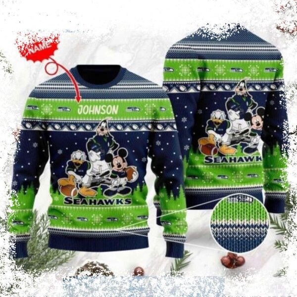 Show your Seahawks pride this Christmas with this fun and festive Donald Duck sweater! Featuring a classic Disney design, this sweater is perfect for any fan. Shop now and get ready to cheer on the Ha - Image 1 - rugbyfanstore.com