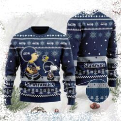 Show your Seahawks pride with this hilarious Snoopy Graphics Ugly Christmas Sweater! Perfect for game day or holiday parties. Shop now for unique Seattle Seahawks gifts! - Image 1 - rugbyfanstore.com