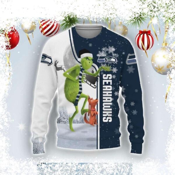 Show your Seahawks pride this holiday season with our hilarious Grinch-themed ugly Christmas sweater! Perfect for game day or festive gatherings, this sweater is sure to get you noticed. Shop now an - Image 1 - rugbyfanstore.com