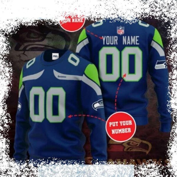 Show your Seahawks pride this holiday season with a custom ugly sweater! Add your name and number for a unique and festive look. Shop now and get ready to cheer on the Hawks! - Image 1 - rugbyfanstore.com