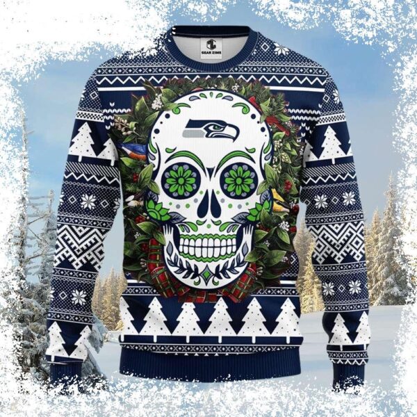 Show your Seahawks pride this holiday season with our hilarious Skull Flower graphic Ugly Christmas Sweater! Perfect for game day or festive gatherings. Shop now and get ready to be the talk of the pa - Image 1 - rugbyfanstore.com