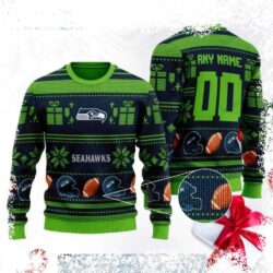 Show your Seahawks pride this holiday season with this stunning snowflake-patterned Christmas sweater! Perfect for tailgating or holiday gatherings, this sweater combines festive elegance with your f - Image 1 - rugbyfanstore.com