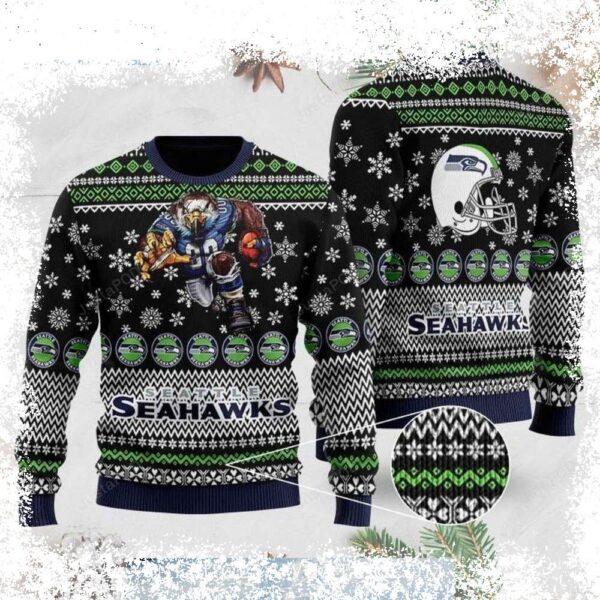 Show your Seahawks pride this Christmas with our hilarious Ugly Christmas Sweater featuring the team mascot! Get yours now and be the most festive fan on the block. - Image 1 - rugbyfanstore.com