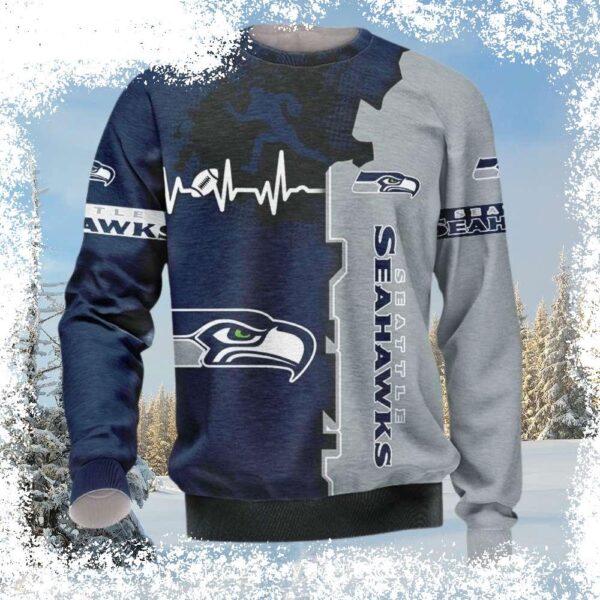 Show your Seahawks pride in style with this hilarious ugly sweater! Perfect for game day or holiday gatherings, this unique design is sure to get you noticed. Shop now and get ready to cheer on your t - Image 1 - rugbyfanstore.com