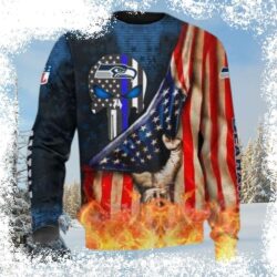 Show your Seahawks pride with this eye-catching, ugly Christmas sweater featuring the American flag! Perfect for game day or holiday gatherings. Shop now and stand out in style! - Image 1 - rugbyfanstore.com