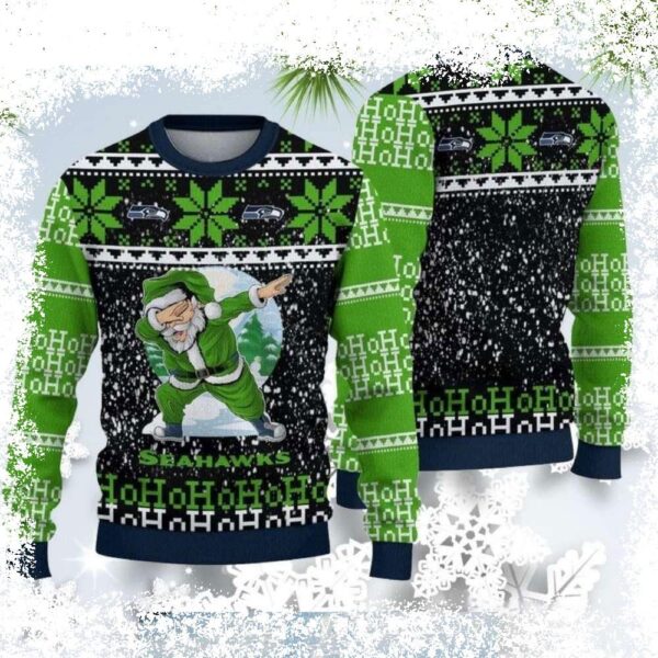 Spread holiday cheer with this hilarious Seattle Seahawks Dabbing Santa Claus Ugly Christmas Sweater! Perfect for game day or festive gatherings. Shop now and show your team spirit! - Image 1 - rugbyfanstore.com