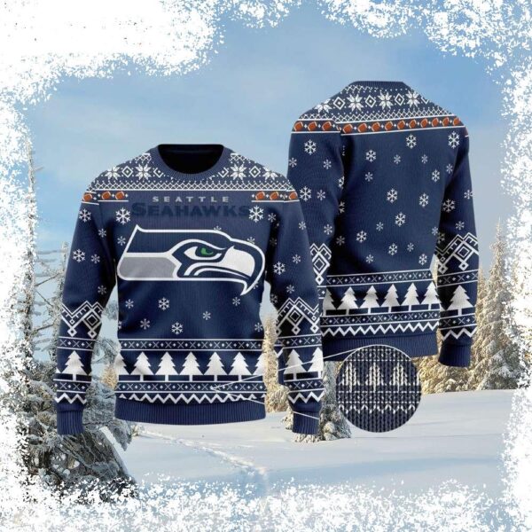 Show your Seahawks pride with this festive, ugly sweater featuring a snowflake symphony. Perfect for holiday gatherings! Shop now and get ready to cheer! - Image 1 - rugbyfanstore.com