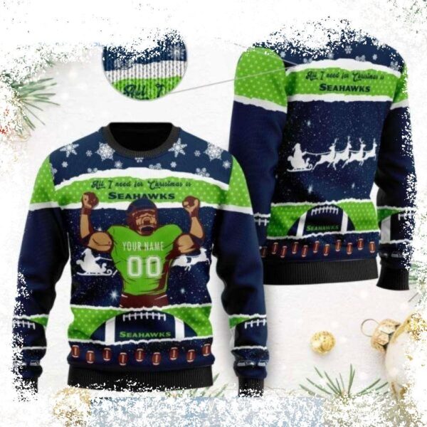 Show your Seahawks pride this holiday season with our personalized ugly sweater! Get yours now and spread the 12th Man spirit with a unique design featuring your name. Shop now! - Image 1 - rugbyfanstore.com