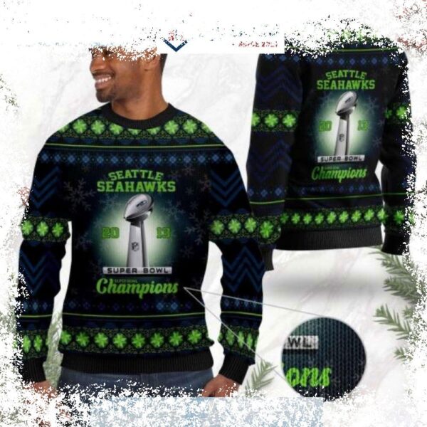 Show your Seahawks pride with this ugly Christmas sweater featuring Super Bowl champion motifs! Perfect for game day or holiday gatherings. Shop now and get ready to cheer! - Image 1 - rugbyfanstore.com