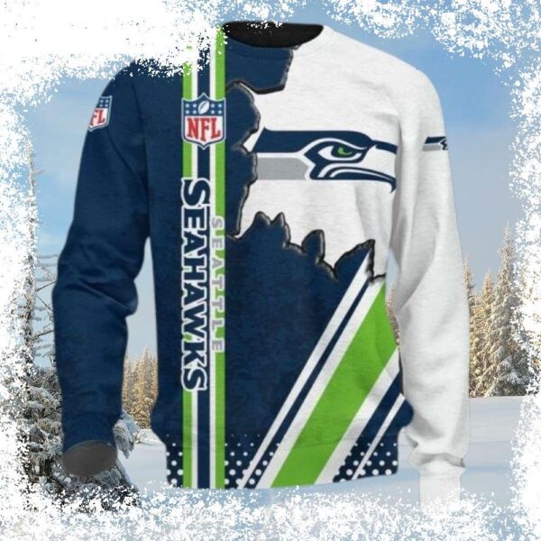 Show your Seahawks pride this holiday season with our stylish Ugly Sweater! Perfect for game day or holiday gatherings, this unique sweater is sure to turn heads. Shop now and get ready to celebrate! - Image 1 - rugbyfanstore.com