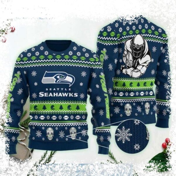 Show your Seahawks pride this holiday season with our edgy skull graphic snowflake sweater! Perfect for the bold fan, this ugly Christmas sweater is sure to turn heads. Shop now and get ready to celeb - Image 1 - rugbyfanstore.com