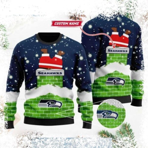 Show your Seahawks pride with this hilarious ugly sweater featuring Santa Claus squeezing down the chimney! Perfect for holiday parties, grab yours today and spread some festive cheer! - Image 1 - rugbyfanstore.com