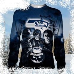 Show your Seahawks pride this Halloween with this spooky, stylish ugly sweater featuring your favorite movie character! Get yours today and be the talk of the party! - Image 1 - rugbyfanstore.com