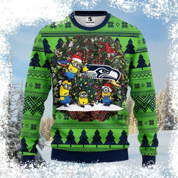 Spread Seahawks spirit this Christmas with our hilarious Graphic Minion Ugly Christmas Sweater! Perfect for parties or just lounging around, this sweater is sure to get you noticed. Shop now and get r - Image 1 - rugbyfanstore.com