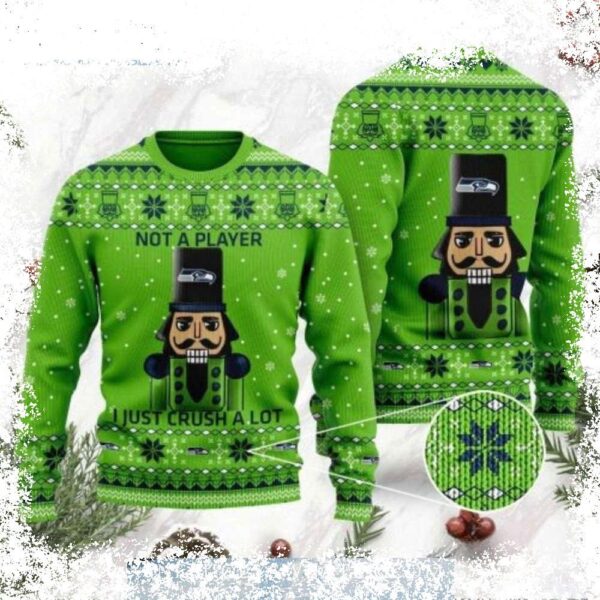 Show your Seahawks pride this Christmas with this hilarious "I Am Not A Player I Just Crush Alot" sweater! Perfect for game day or holiday gatherings. Shop now and get yours before they're gone! - Image 1 - rugbyfanstore.com