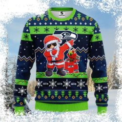 Show your Seahawks pride this holiday season with this hilarious graphic dabbing Santa Claus ugly Christmas sweater! Perfect for game day or festive gatherings. Shop now and spread the cheer! - Image 1 - rugbyfanstore.com