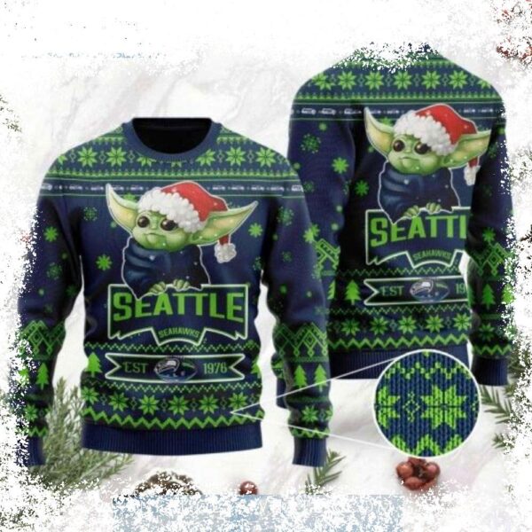 Show your Seahawks pride this Christmas with our adorable Baby Yoda Ugly Christmas Sweater! This unique design features Grogu in a festive Seahawks jersey. Get yours today and spread some holiday chee - Image 1 - rugbyfanstore.com