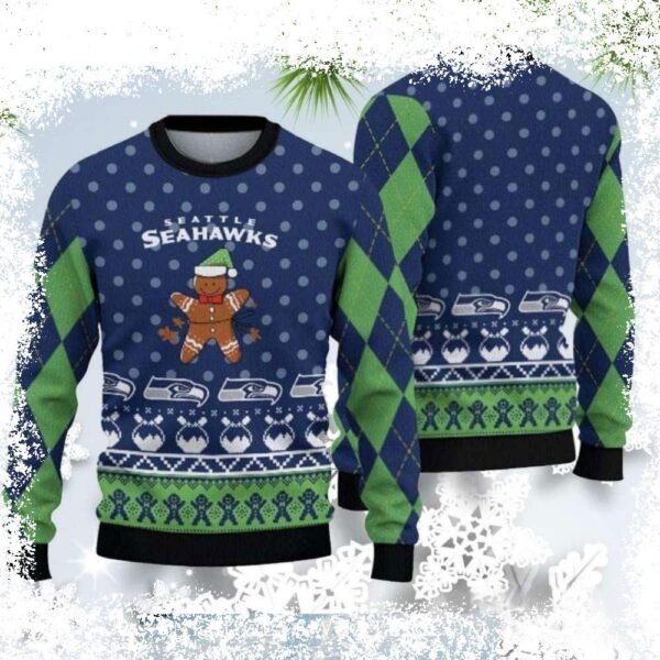 Spread holiday cheer with this hilarious Seahawks Joy With Gingerbread Man Ugly Christmas Sweater! Perfect for game day or any festive occasion. Shop now and get ready to laugh! - Image 1 - rugbyfanstore.com