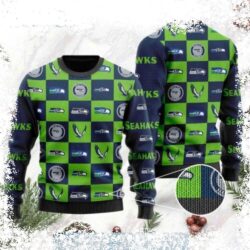 Show your Seahawks pride in style with this eye-catching logo checkered flannel design ugly Christmas sweater. Perfect for game day or festive gatherings. Shop now and get ready for the holidays! - Image 1 - rugbyfanstore.com