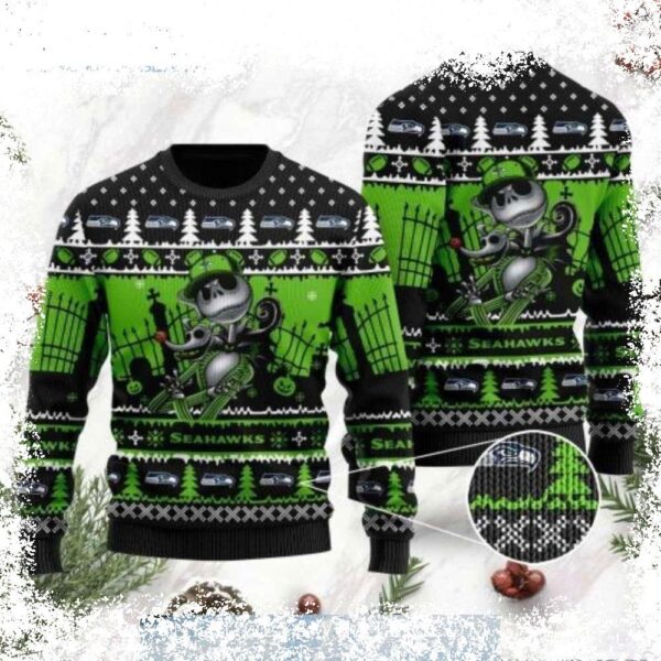 Show your Seahawks pride this Halloween with this spooky, festive Jack Skellington Christmas sweater! Perfect for game day or holiday parties. Shop now and get ready to scare up some fun! - Image 1 - rugbyfanstore.com