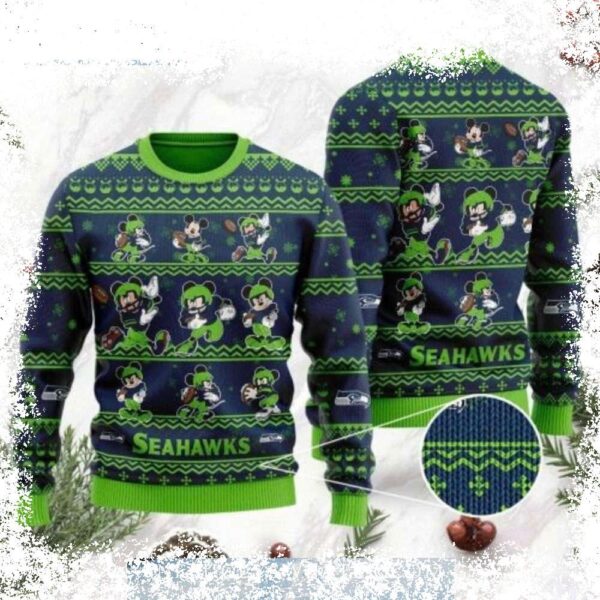 Show your Seahawks pride this holiday season with our adorable Mickey Mouse graphic Ugly Christmas sweater! Perfect for game day or festive gatherings. Shop now and get ready to jingle all the way! - Image 1 - rugbyfanstore.com