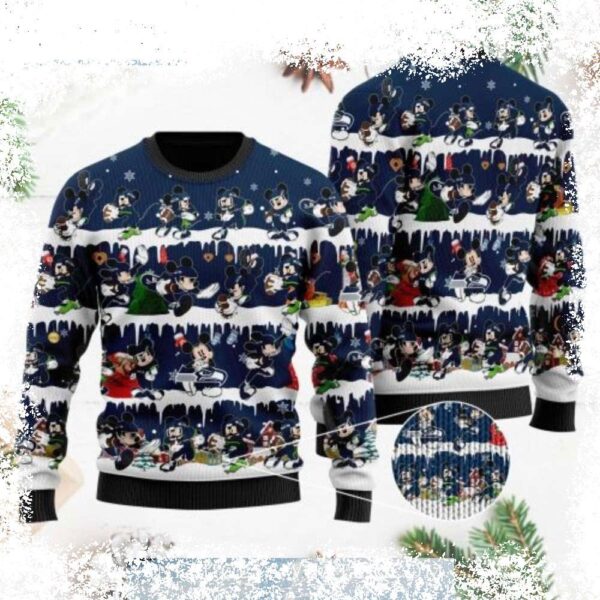 Show your Seahawks pride this holiday season with this hilarious Mickey Mouse-themed ugly Christmas sweater! Featuring a festive football graphic, it's the perfect way to cheer on your team in style. - Image 1 - rugbyfanstore.com