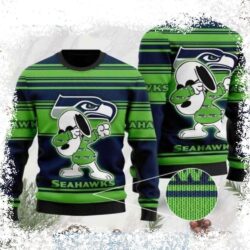 Show your Seahawks pride this holiday season with this hilarious Snoopy dabbing ugly Christmas sweater! Perfect for game day or festive gatherings. Shop now and get ready to spread some Seahawks cheer - Image 1 - rugbyfanstore.com