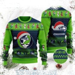 Show your Seahawks pride this Christmas with this unique Grateful Dead skull and bears ugly sweater. Perfect for game day or festive gatherings, this sweater is sure to be a conversation starter! Shop - Image 1 - rugbyfanstore.com