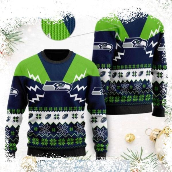 Show your Seahawks pride this holiday season with this hilariously ugly Christmas sweater! Featuring the iconic Seattle Seahawks logo, this sweater is perfect for game day or festive gatherings. Shop - Image 1 - rugbyfanstore.com