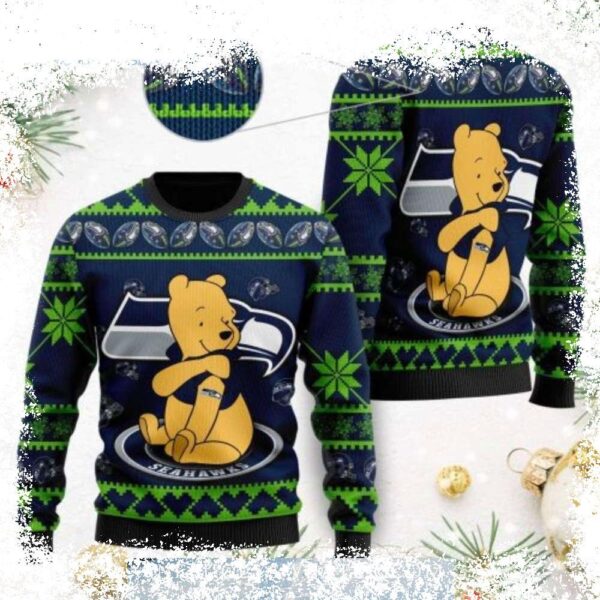 Show your Seahawks pride this Christmas with this adorable Winnie the Pooh bear graphic sweater! Perfect for fans of all ages, this cozy sweater is sure to become a holiday favorite. Shop now! - Image 1 - rugbyfanstore.com