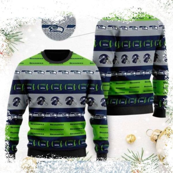 Show your Seahawks pride this Christmas with our hilarious Ugly Christmas Sweater featuring the team logo and helmet! Perfect for holiday parties and tailgating, this sweater is sure to get laughs. Sh - Image 1 - rugbyfanstore.com