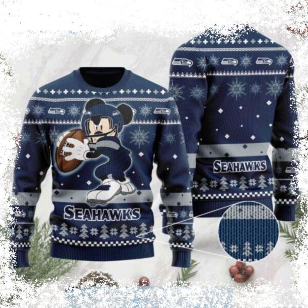 Show your Seahawks pride this Christmas with this unique Mickey Mouse player sweater! Perfect for any fan, this festive design is sure to turn heads. Shop now and score the perfect gift! - Image 1 - rugbyfanstore.com