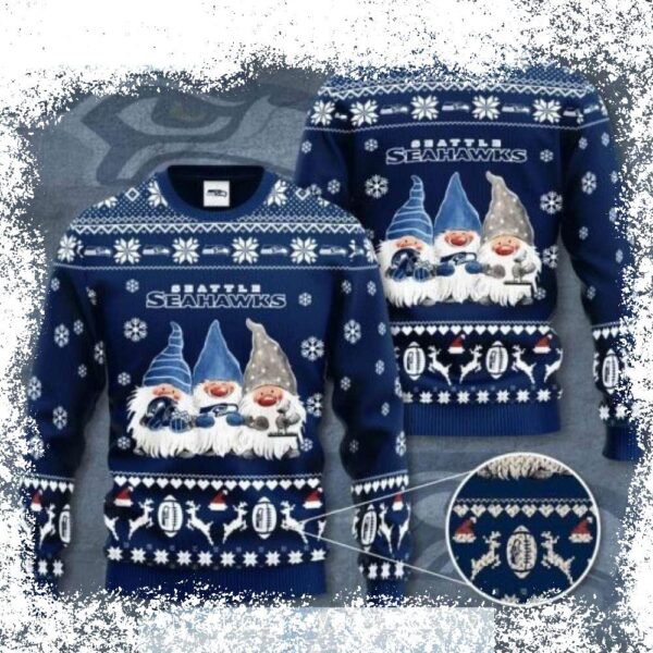 Show your Seahawks pride this holiday season with our playful Dwarfs Graphics Snowflake Seattle Seahawks Ugly Christmas Sweater! Get yours today and spread some festive cheer! - Image 1 - rugbyfanstore.com