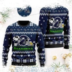 Show your Seahawks pride this holiday season with this adorable Snoopy Ugly Christmas Sweater! Featuring a festive football helmet design, it's the perfect way to cheer on your team in style. Shop now - Image 1 - rugbyfanstore.com