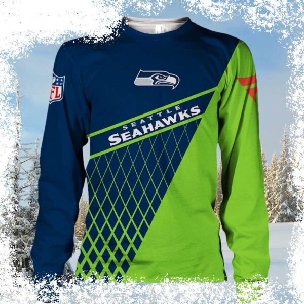 Show your Seahawks pride this holiday season with our hilarious ugly Christmas sweater! Featuring team colors and festive designs, this sweater is perfect for game day gatherings or holiday parties. S - Image 1 - rugbyfanstore.com