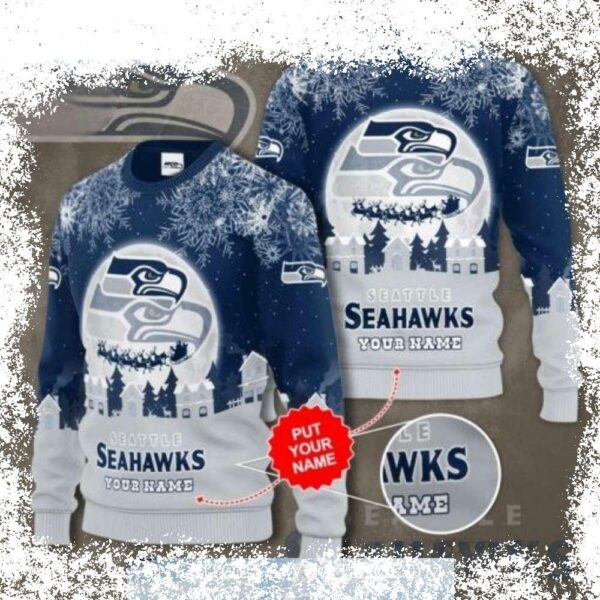 Show your Seahawks pride this Christmas with a personalized ugly sweater! Featuring your name and a festive Santa graphic, this sweater is perfect for game day or holiday gatherings. Order yours toda - Image 1 - rugbyfanstore.com