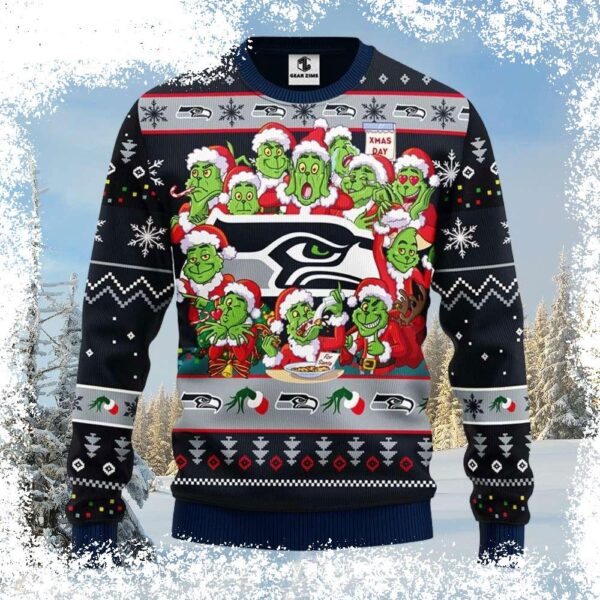 Spread holiday cheer with this hilarious Grinch-themed Seattle Seahawks Ugly Christmas sweater! Perfect for game day or a festive gathering, this eye-catching sweater is sure to get you noticed. Shop - Image 1 - rugbyfanstore.com