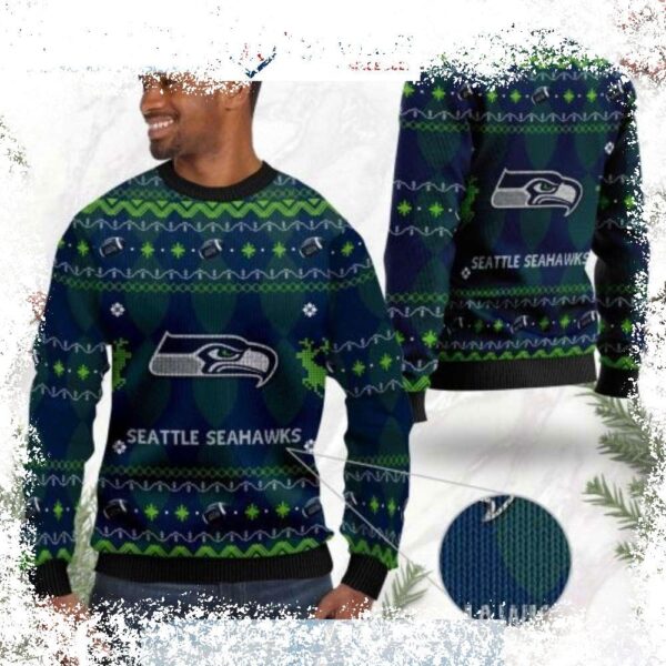 Show your Seahawks pride this Christmas with our stylish NFL Seattle Seahawks logo sweater! Perfect for game day or cozy nights in. Shop now and get yours before they're gone! - Image 1 - rugbyfanstore.com