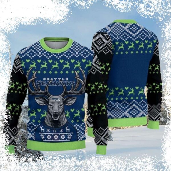 Show your Seahawks pride this Christmas with our hilarious Reindeer Ugly Christmas Sweater! Perfect for game day or holiday gatherings. Shop now and get ready to spread some festive cheer! - Image 1 - rugbyfanstore.com