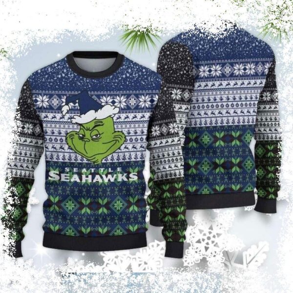 Spread some holiday cheer (and maybe a little Grinch-inspired mischief) with this Seattle Seahawks ugly sweater! Its playful design is perfect for festive gatherings. Shop now and get ready to rock t - Image 1 - rugbyfanstore.com