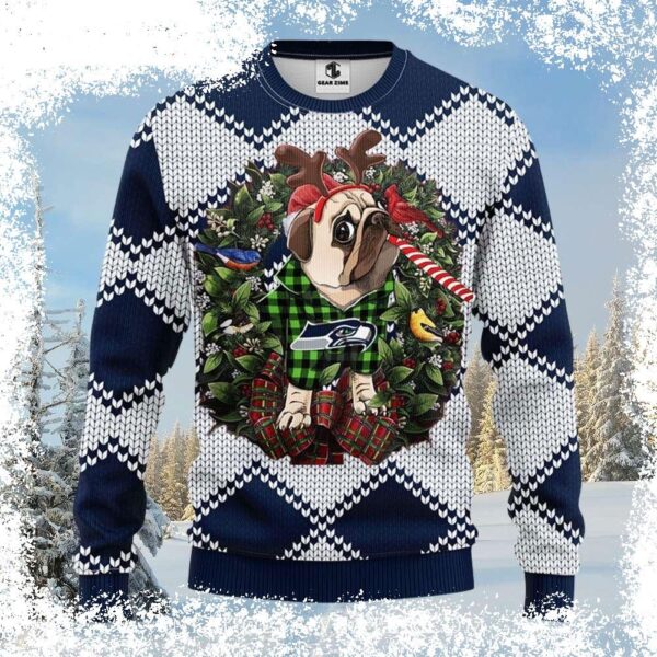 Show your Seahawks pride this Christmas with our hilarious NFL Pub Dog graphic sweater! Get yours today and be the talk of the party! - Image 1 - rugbyfanstore.com