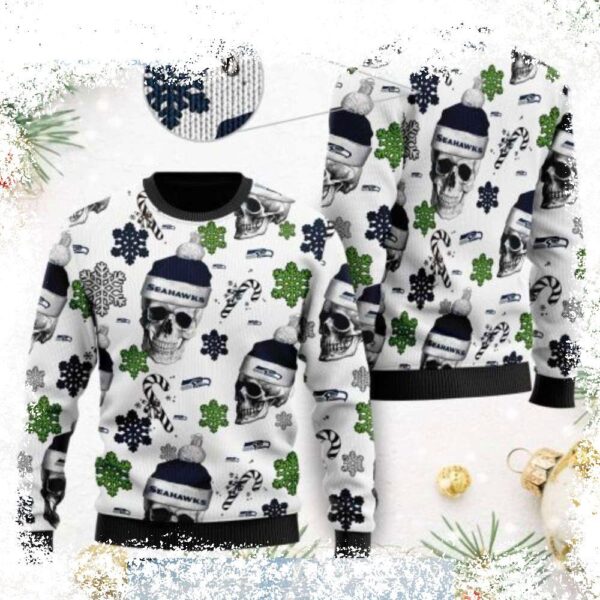 Show your Seahawks pride this holiday season with our hilarious Santa and Skulls Ugly Christmas Sweater! Perfect for festive fun, grab yours today and spread the cheer. - Image 1 - rugbyfanstore.com