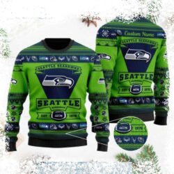 Show your Seahawks pride this holiday season with this hilarious ugly Christmas sweater! Featuring a classic team logo, it's the perfect gift for any fan. Shop now and spread the cheer! - Image 1 - rugbyfanstore.com