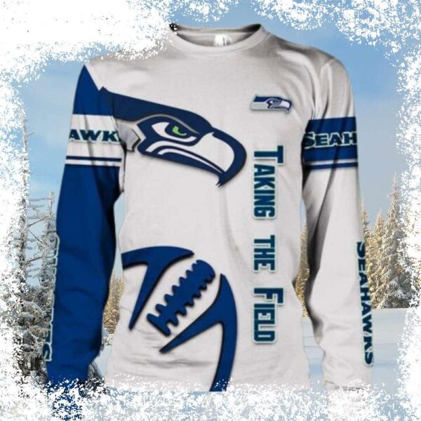 Show your Seahawks pride this holiday season with our hilarious "Taking The Field" Ugly Christmas Sweater! Perfect for game day or festive gatherings, this sweater is sure to turn heads. Shop now and - Image 1 - rugbyfanstore.com