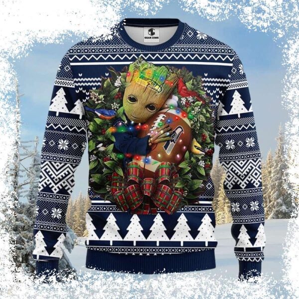 Show your Seahawks pride with this hilarious and cozy Graphic Baby Groot Hug Football Ugly Sweater. Perfect for game day or any occasion, this sweater is sure to get you noticed! Shop now and get read - Image 1 - rugbyfanstore.com